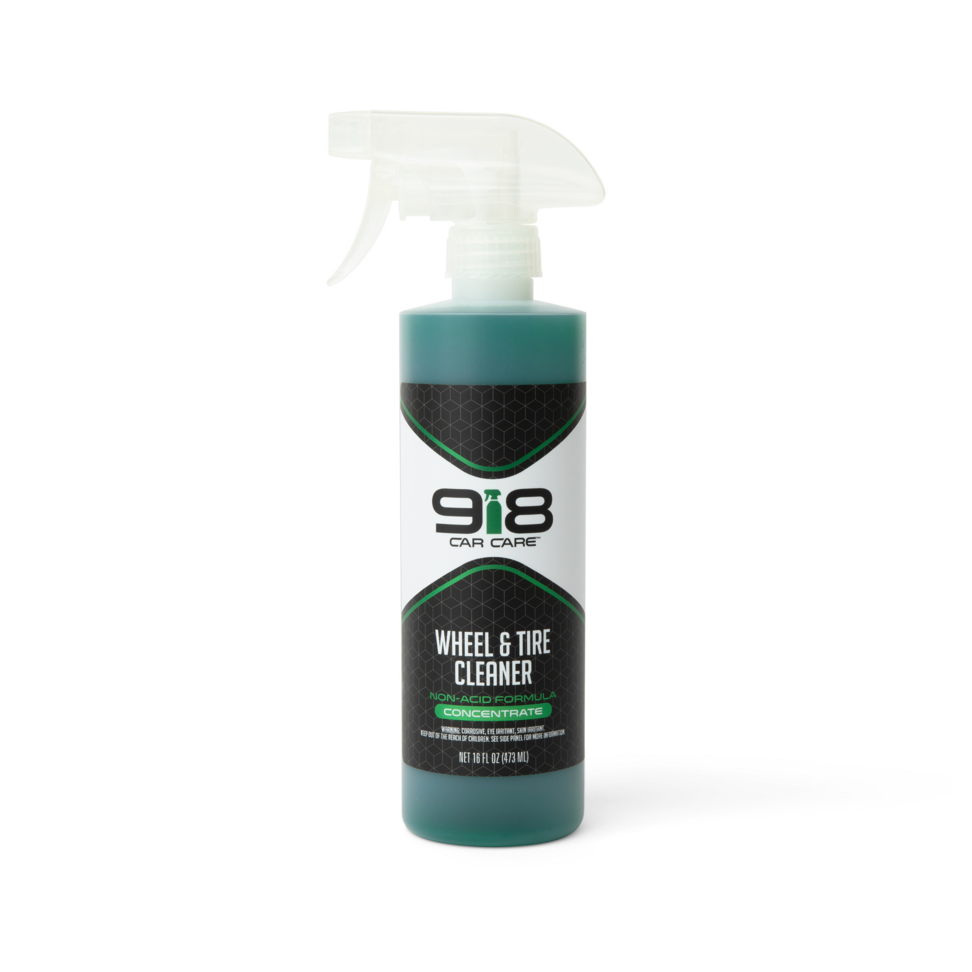 16fl oz white spray bottle with black trim of 918 Car Care Wheel & Tire Cleaner: Non-Acid Formula Concentrate. Both the subheading, and the spray bottle in the company logo, are green.